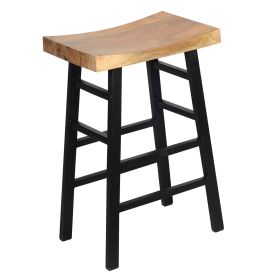 30 Inch Barstool with Saddle Style Wood Seat, Ladder Base, Brown and Black