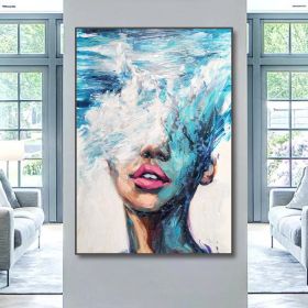 Hand Painted Oil Painting Abstract Portrait Wall Art Hand painted-Nordic Light Blue Girl Oil Paintings On Canvas-Hand Made-For Home Decoration (size: 60X90cm)