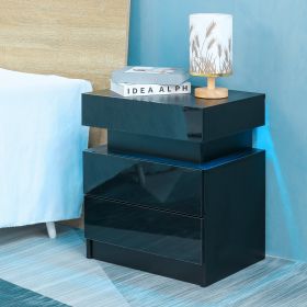 Modern LED Nightstand with 2 High Gloss Drawers and RGB Lights – Wood LED Bedside Table for Bedroom, Living Room, Children's Room (Color: Black)