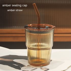 Striped Bamboo Glass Ins Wind Straw With Cover Water Cup (Option: Amber-400ml)